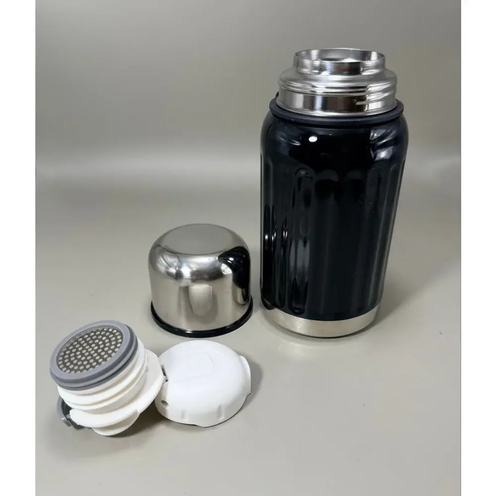 New 16 Oz Insulated Stainless Steel Vacuum Flask Hot/Cold Twist Lid Strap Black